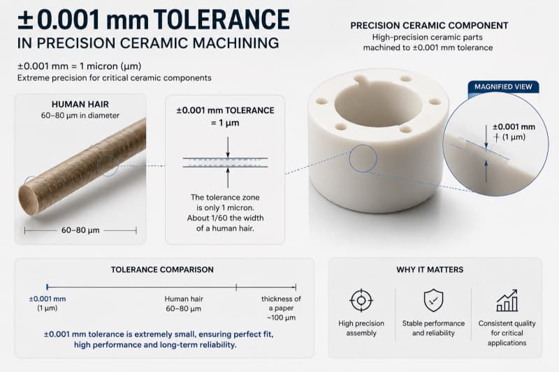 Illustration showing ±0.001 mm tolerance in precision ceramic machining