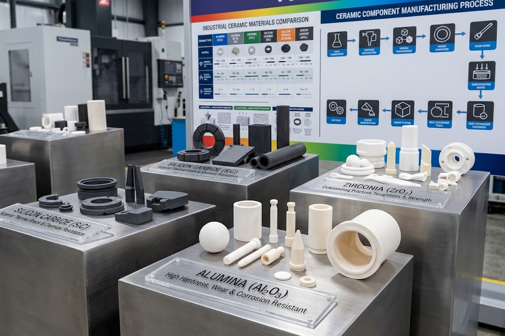 Alumina silicon carbide and zirconia ceramic materials for industrial components